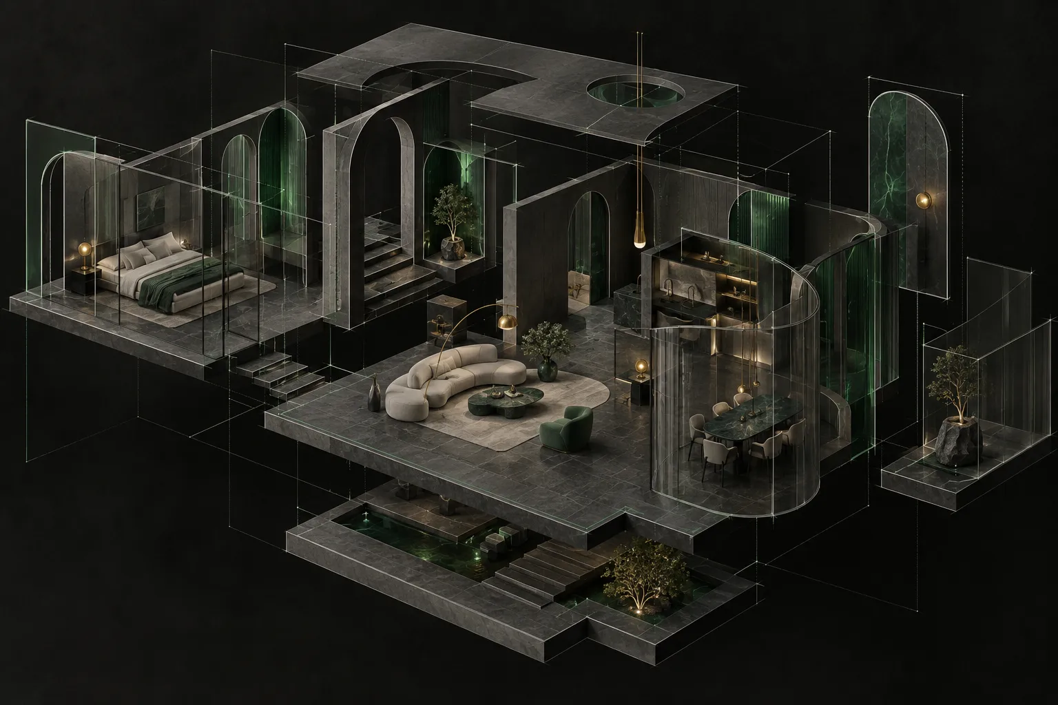 Eshel Forma homepage with a dark architectural interior study and green accents
