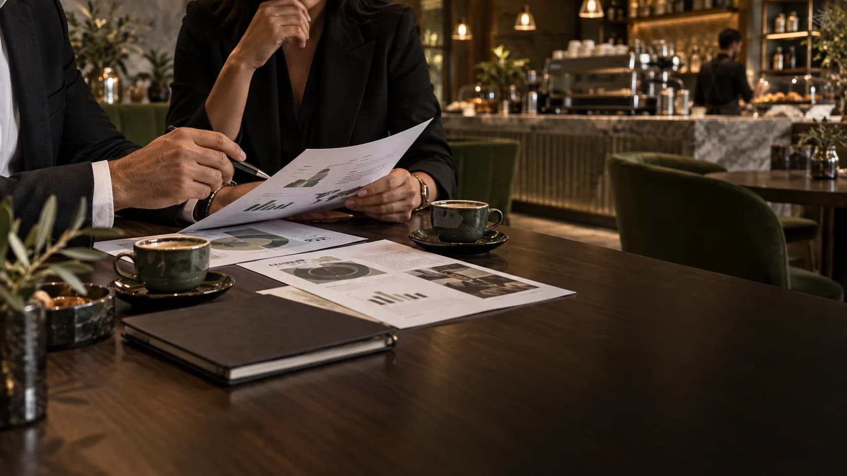 Concept scene of business partners evaluating a café franchise opportunity